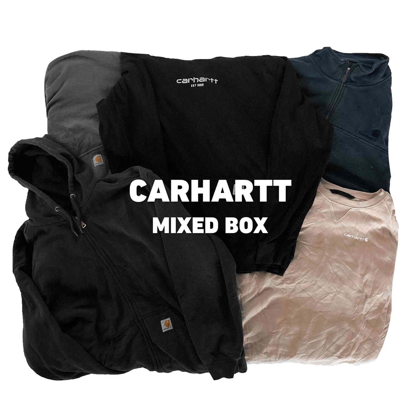 Carhartt Mixed Box | Vintagebulk met selectie van vintage Carhartt truien en jassen in verschillende kleuren, perfect voor duurzame mode wholesale.