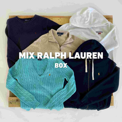 Mix Ralph Lauren Box met vijf vintage truien en hoodies in diverse kleuren. Ideaal voor kledinggroothandel via Vintagebulk.