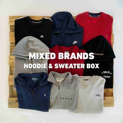 Negen gemixte vintage hoodies en sweaters uit de Mixed Brands Hoodie & Sweater Box | Vintagebulk, perfect voor groothandel in kleding.