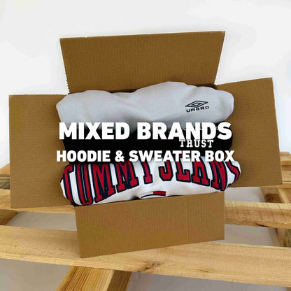 Mixed Brands Hoodie & Sweater Box | Vintagebulk met vintage truien en hoodies in een kartonnen doos, klaar voor verzending vanuit Nederland.
