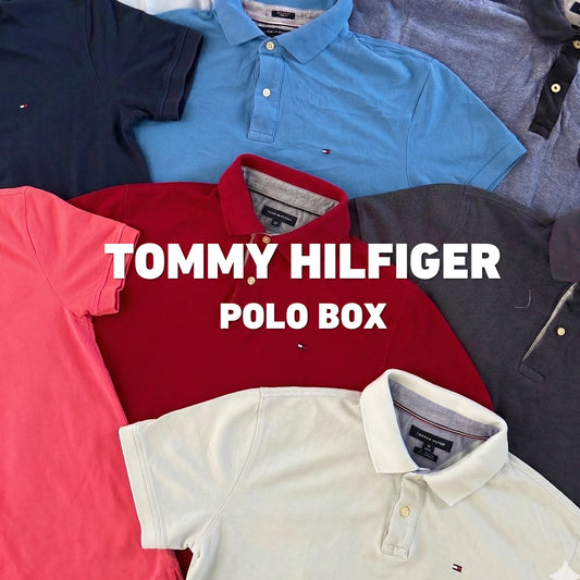Assortiment van premium Tommy Hilfiger piqué katoenen polo's in diverse kleuren, klaar voor bulk verkoop aan vintage kledingwinkels.