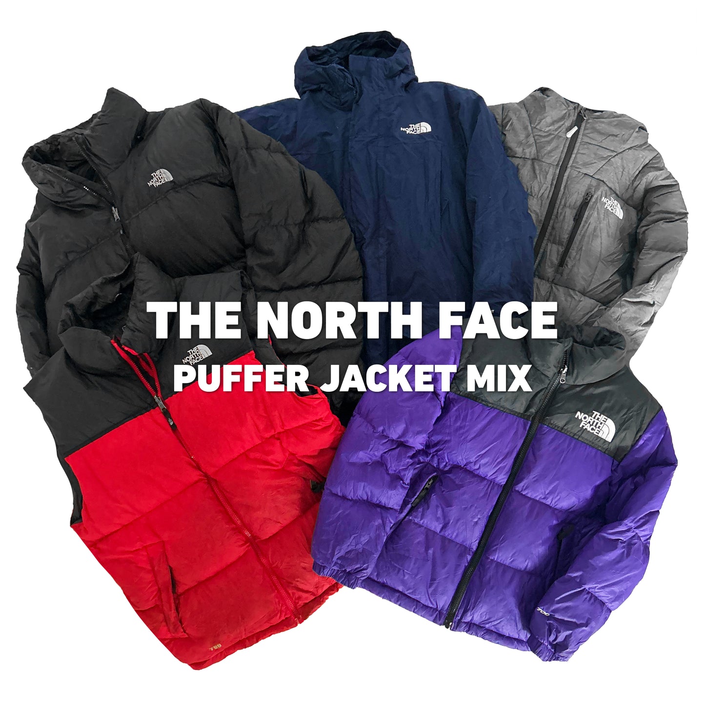 The North Face Puffer Jacket Mix | Vintagebulk met vijf verschillende vintage puffer jassen in diverse kleuren, perfect voor Vinted resellers en voor wholesale.