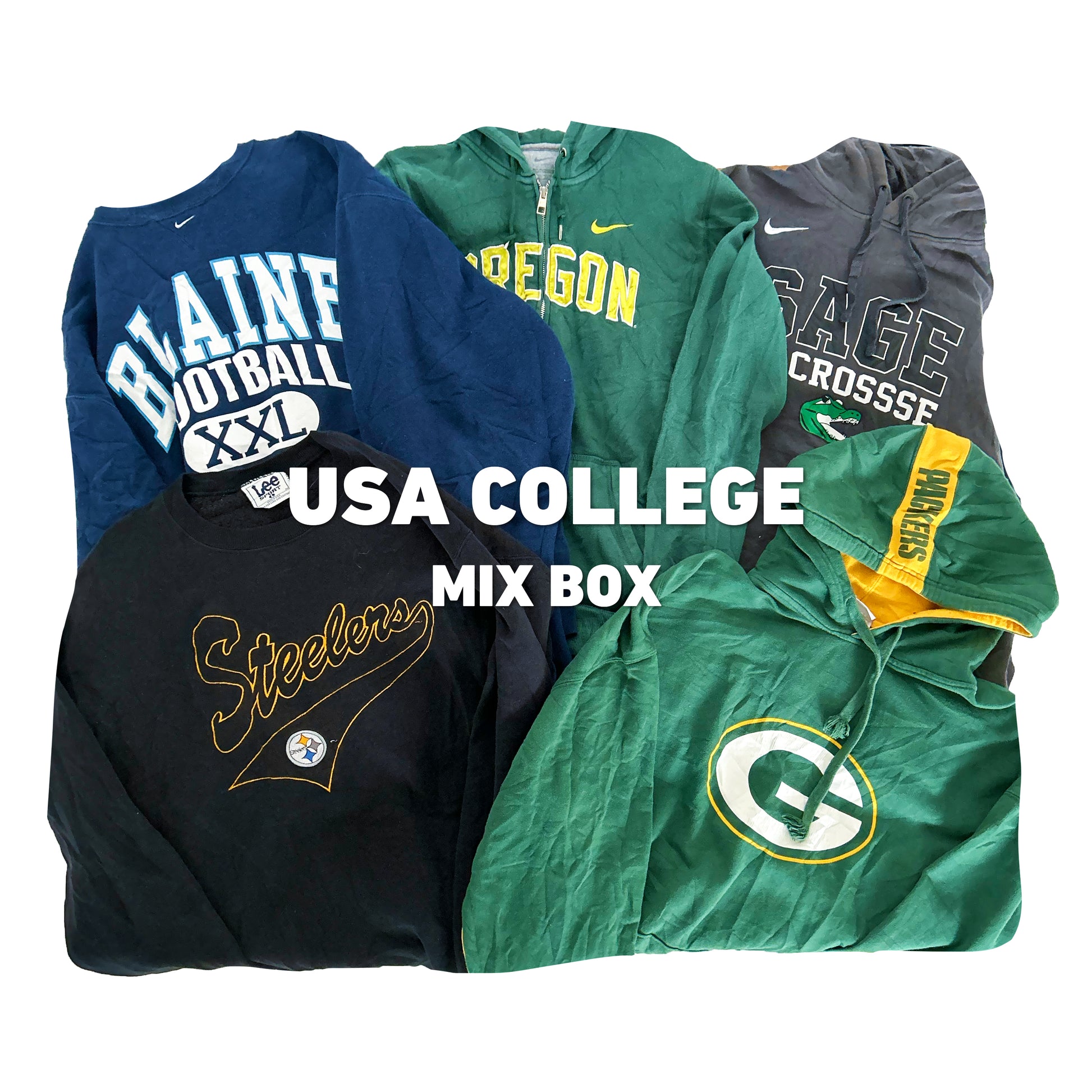 USA College Mix Box | Vintagebulk met vintage college truien van Blaine, Oregon, Steelers en Packers. Ideaal voor Vinted resellers in bulk.