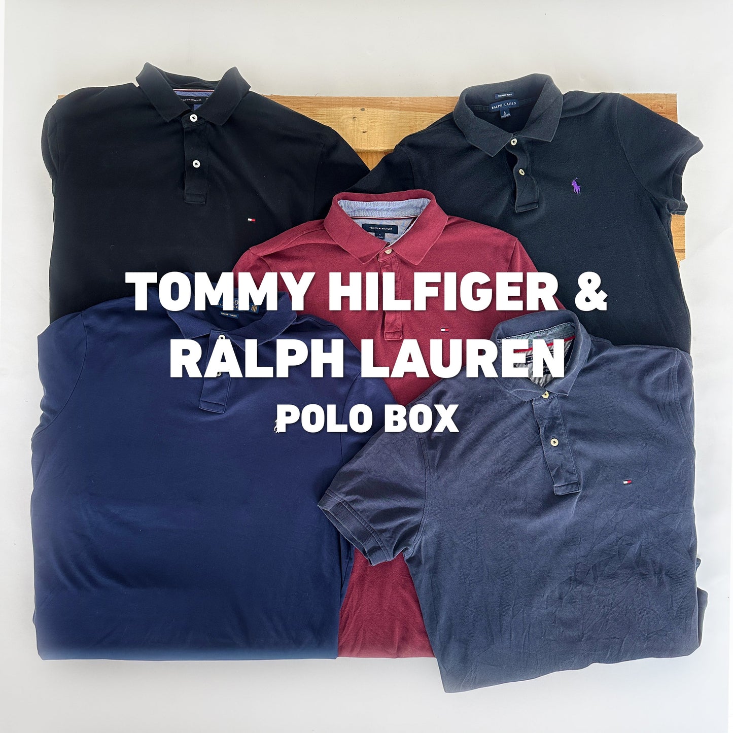 Mix van vintage Tommy Hilfiger en Ralph Lauren polo's in een bulk box voor kleding resellers en Vinted verkopers.