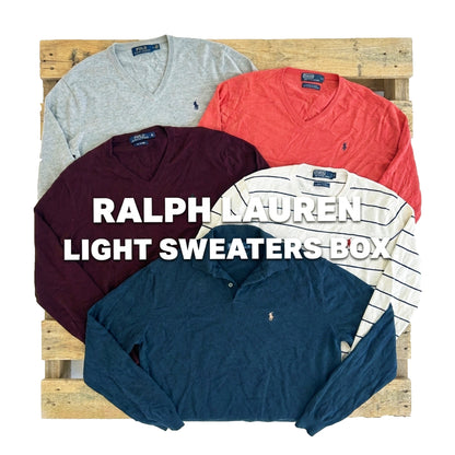 Bulk voorraad vintage Ralph Lauren light sweaters op een pallet voor resellers en kleding groothandel.