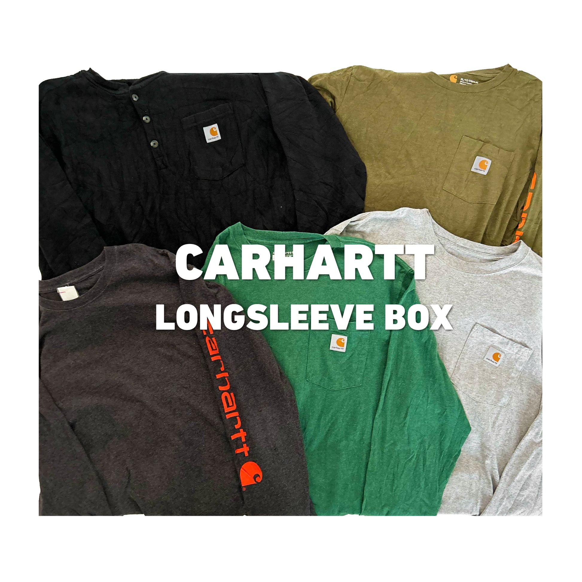 Partij vintage Carhartt workwear longsleeves voor wholesale inkoop, inclusief populaire pocket shirts en items met mouwprint.